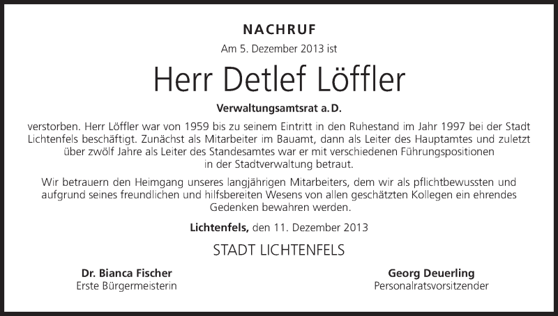  Traueranzeige für Detlef Löffler vom 12.12.2013 aus MGO