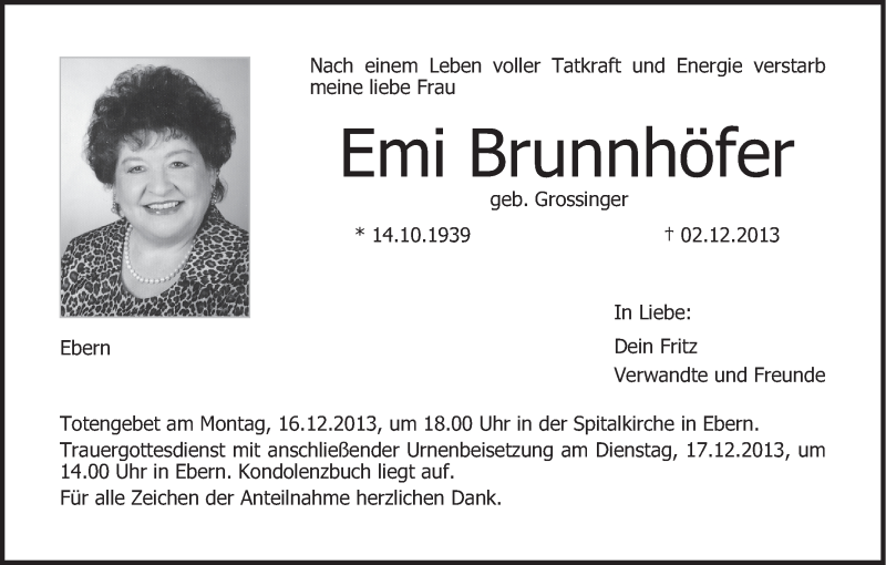  Traueranzeige für Emi Brunnhöfer vom 14.12.2013 aus MGO