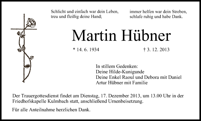  Traueranzeige für Martin Hübner vom 14.12.2013 aus MGO