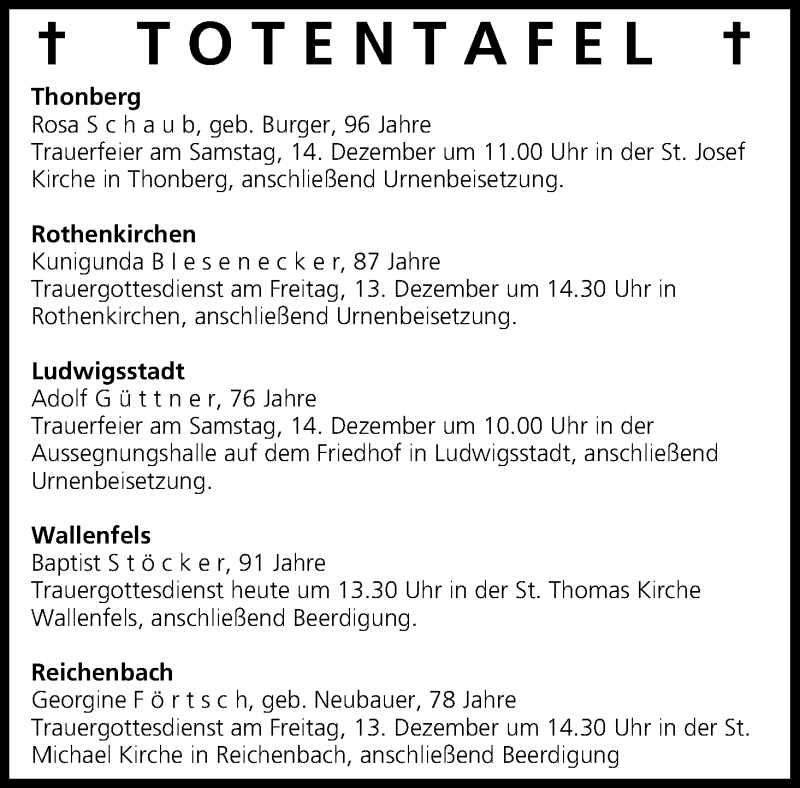  Traueranzeige für Totentafel vom 12.12.2013 vom 12.12.2013 aus MGO
