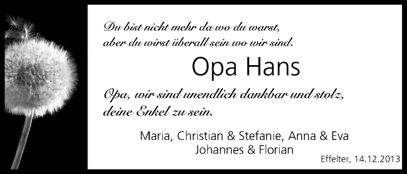  Traueranzeige für Hans  vom 14.12.2013 aus MGO