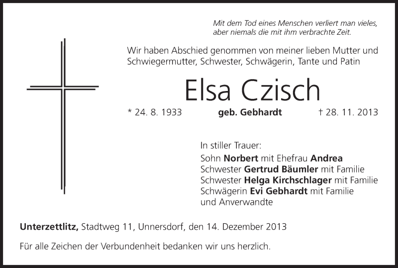  Traueranzeige für Elsa Czisch vom 14.12.2013 aus MGO