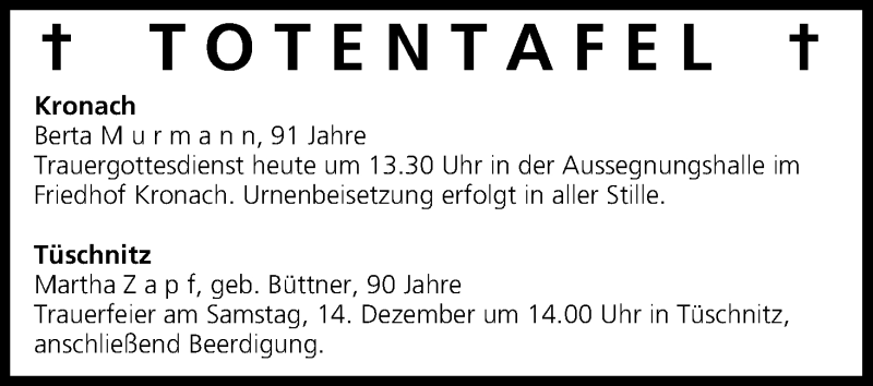  Traueranzeige für Totentafel vom 13.12.2013 vom 13.12.2013 aus MGO