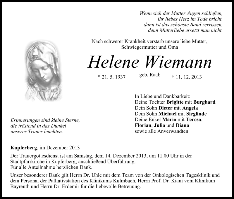  Traueranzeige für Helene Wiemann vom 13.12.2013 aus MGO