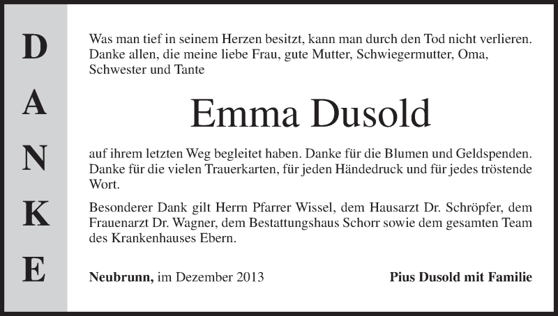  Traueranzeige für Emma Dusold vom 14.12.2013 aus MGO