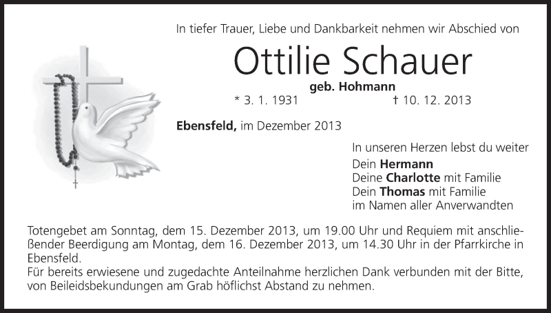  Traueranzeige für Ottilie Schauer vom 14.12.2013 aus MGO