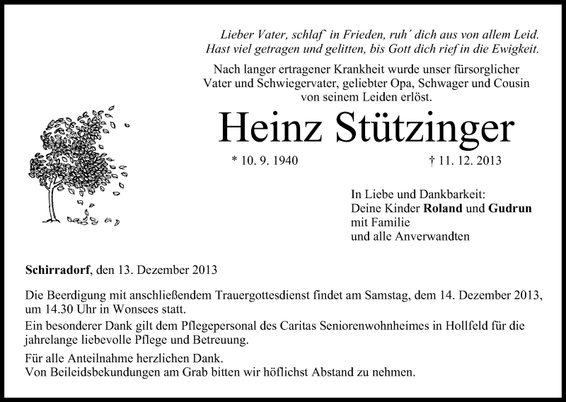  Traueranzeige für Heinz Stützinger vom 13.12.2013 aus MGO