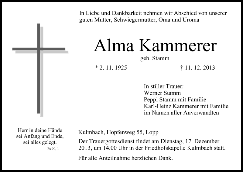  Traueranzeige für Alma Kammerer vom 14.12.2013 aus MGO