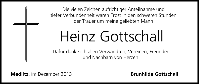  Traueranzeige für Heinz Gottschall vom 14.12.2013 aus MGO