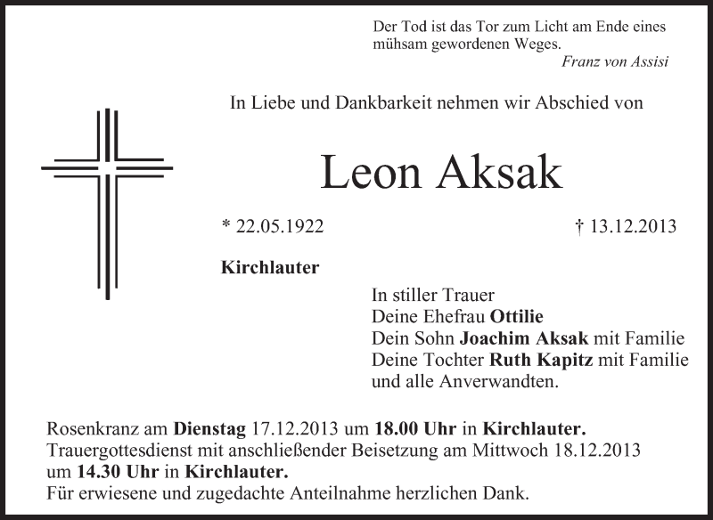  Traueranzeige für Leon Aksak vom 16.12.2013 aus MGO