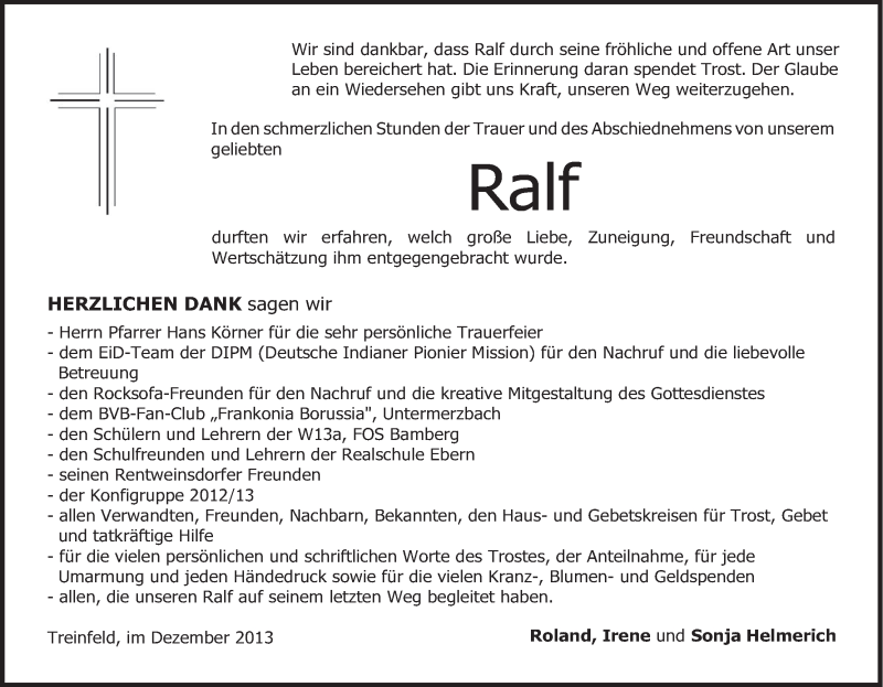  Traueranzeige für Ralf  vom 14.12.2013 aus MGO