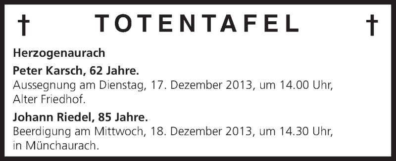  Traueranzeige für Totentafel vom 14.12.2013 vom 14.12.2013 aus MGO