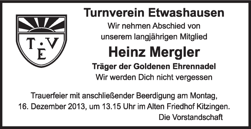 Traueranzeige für Heinz Mergler vom 14.12.2013 aus MGO