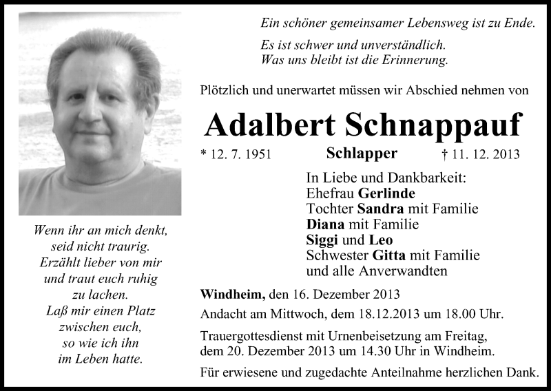  Traueranzeige für Adalbert Schnappauf vom 16.12.2013 aus MGO