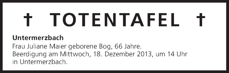  Traueranzeige für Totentafel vom 18.12.2013 vom 18.12.2013 aus MGO