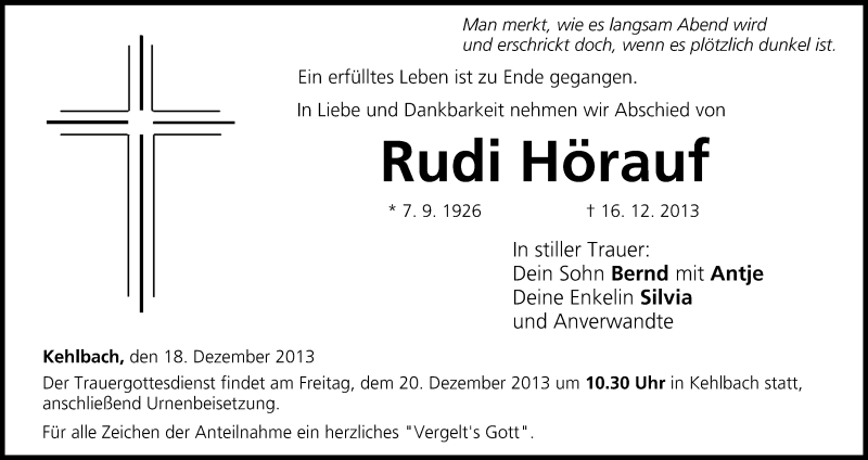  Traueranzeige für Rudi Hörauf vom 18.12.2013 aus MGO