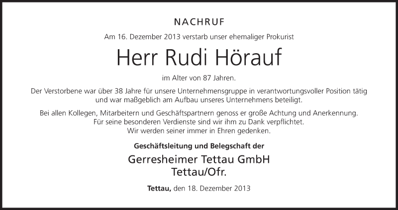  Traueranzeige für Rudi Hörauf vom 18.12.2013 aus MGO
