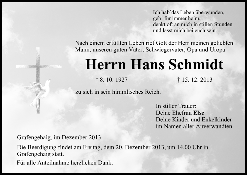  Traueranzeige für Hans Schmidt vom 19.12.2013 aus MGO