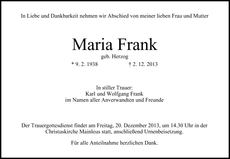  Traueranzeige für Maria Frank vom 18.12.2013 aus MGO