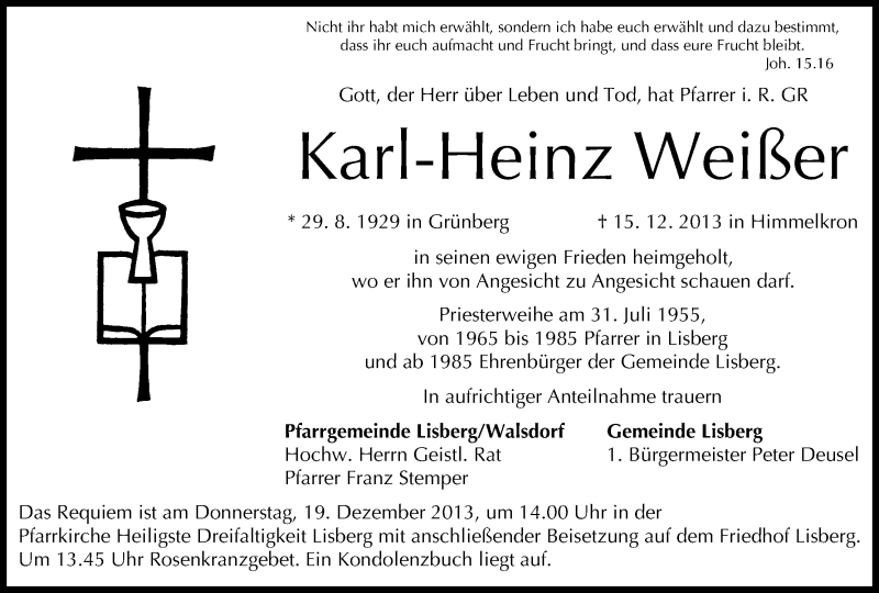  Traueranzeige für Karl-Heinz Weißer vom 18.12.2013 aus MGO