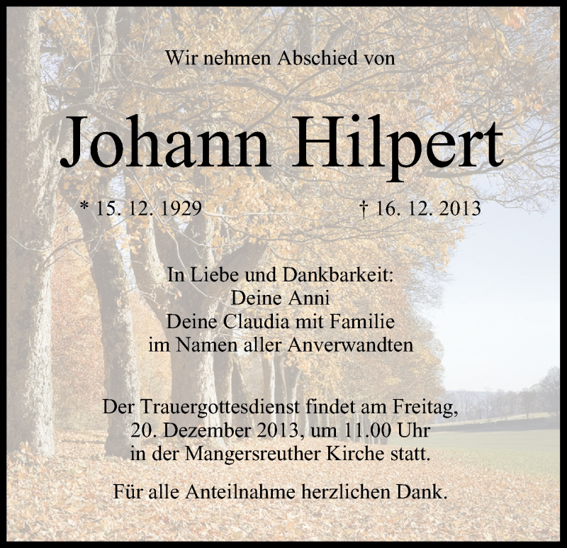  Traueranzeige für Johann Hilpert vom 19.12.2013 aus MGO
