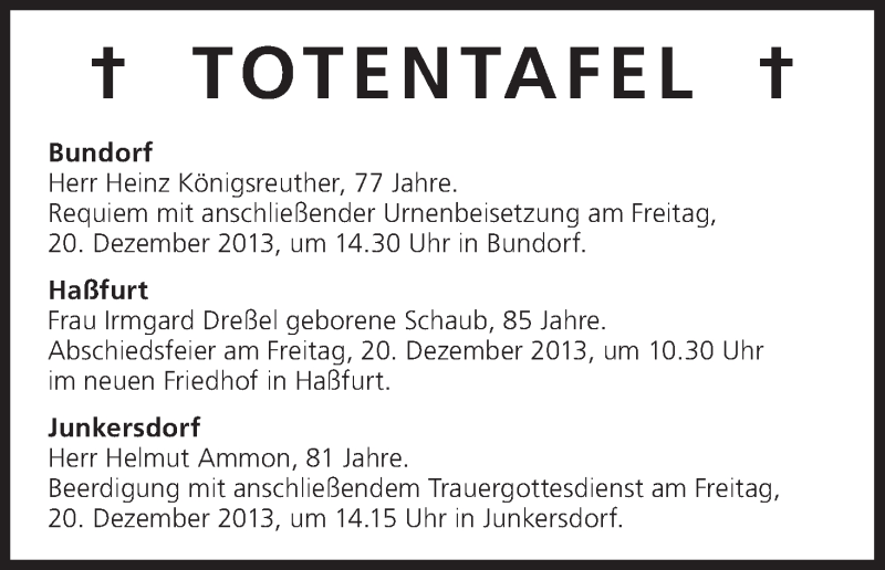  Traueranzeige für Totentafel vom 19.12.2013 vom 19.12.2013 aus MGO