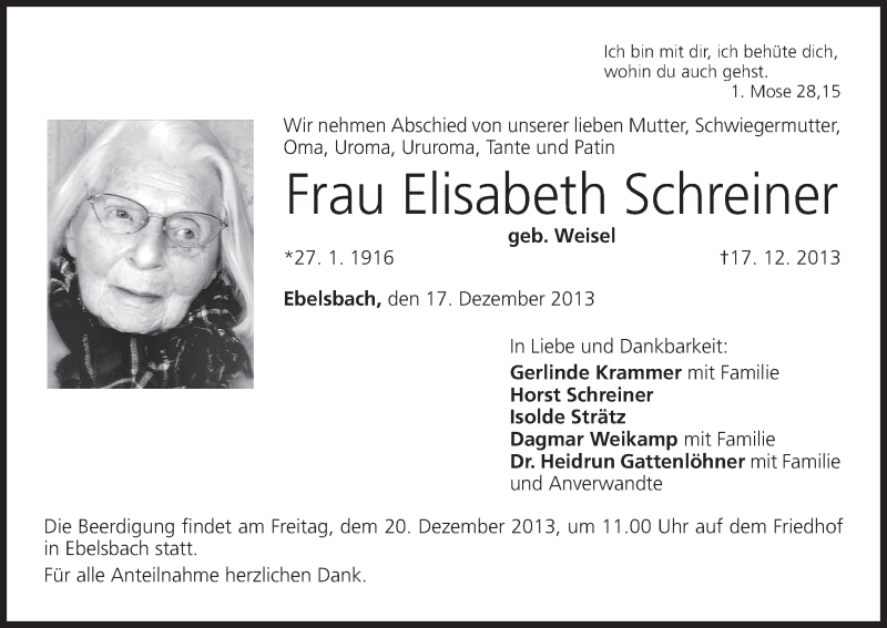  Traueranzeige für Elisabeth Schreiner vom 19.12.2013 aus MGO