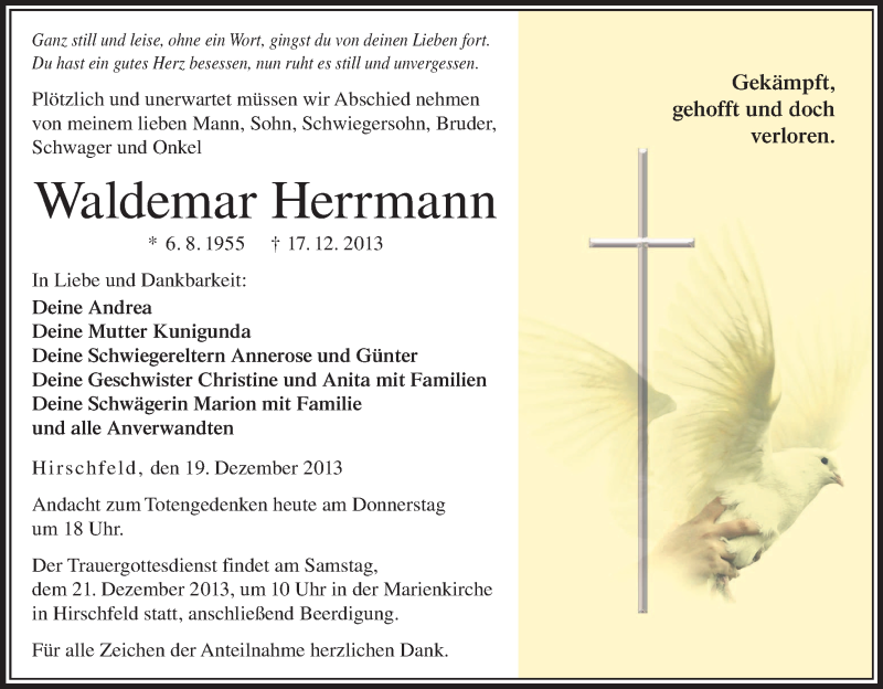  Traueranzeige für Waldemar Herrmann vom 19.12.2013 aus MGO