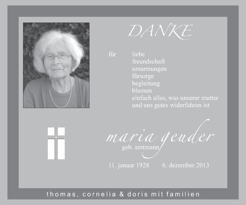  Traueranzeige für Maria Geuder vom 21.12.2013 aus MGO
