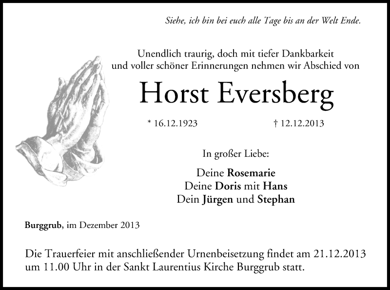  Traueranzeige für Horst Eversberg vom 19.12.2013 aus MGO