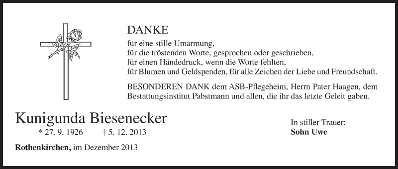  Traueranzeige für Kunigunda Biesenecker vom 21.12.2013 aus MGO