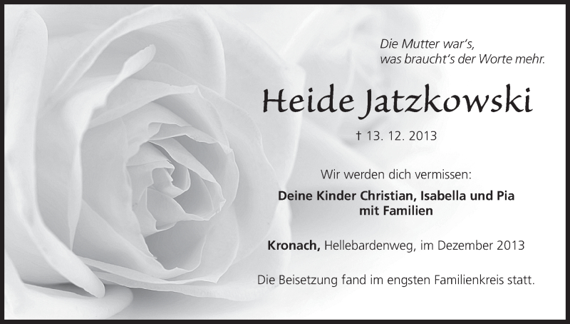  Traueranzeige für Heide Jatzkowski vom 21.12.2013 aus MGO