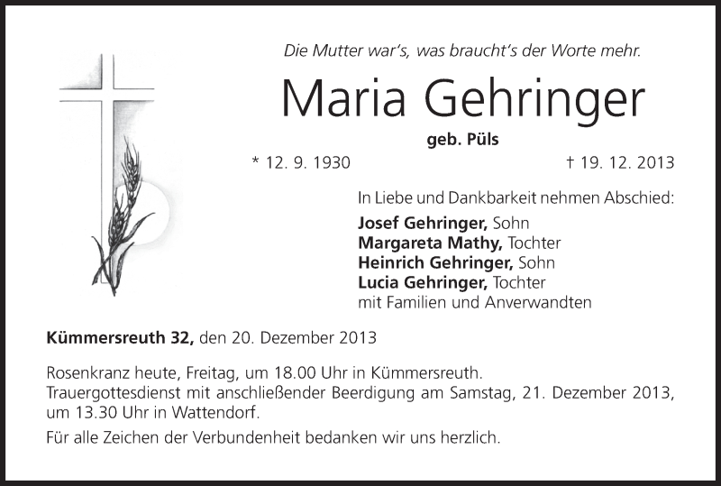  Traueranzeige für Maria Gehringer vom 20.12.2013 aus MGO