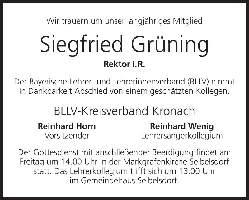  Traueranzeige für Siegfried Grüning vom 20.12.2013 aus MGO