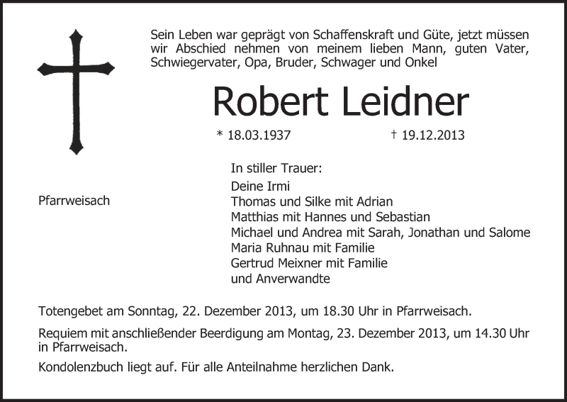  Traueranzeige für Robert Leidner vom 20.12.2013 aus MGO