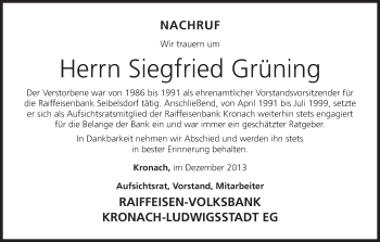 Anzeige von Siegfried Grüning von MGO