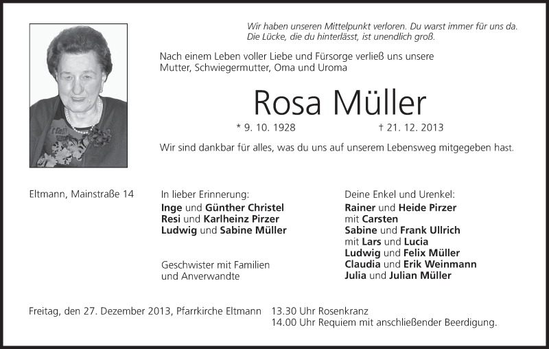  Traueranzeige für Rosa Müller vom 23.12.2013 aus MGO