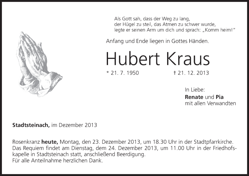  Traueranzeige für Hubert Kraus vom 23.12.2013 aus MGO