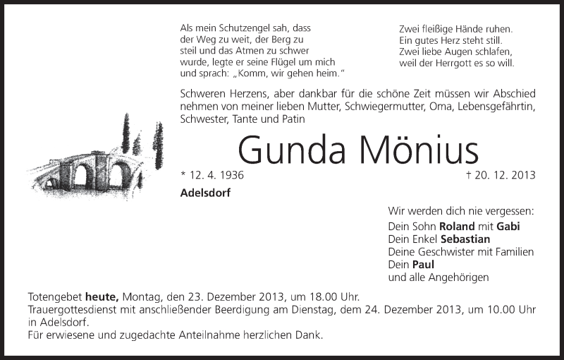  Traueranzeige für Gunda Mönius vom 23.12.2013 aus MGO