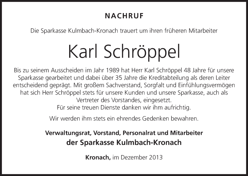  Traueranzeige für Karl Schröppel vom 23.12.2013 aus MGO