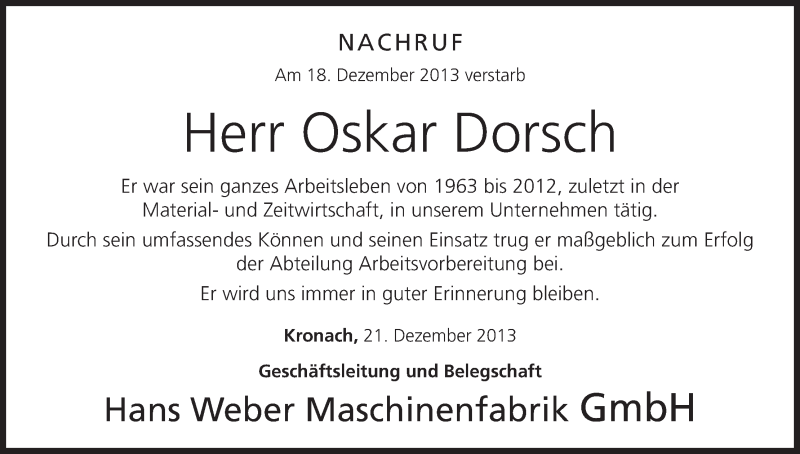  Traueranzeige für Oskar Dorsch vom 21.12.2013 aus MGO