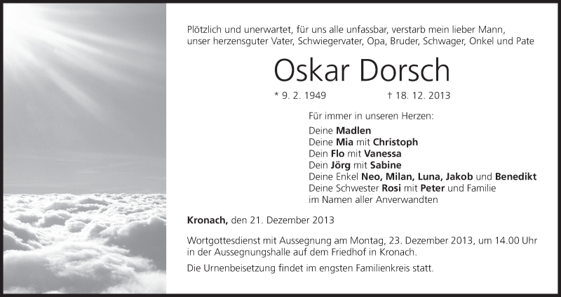  Traueranzeige für Oskar Dorsch vom 21.12.2013 aus MGO
