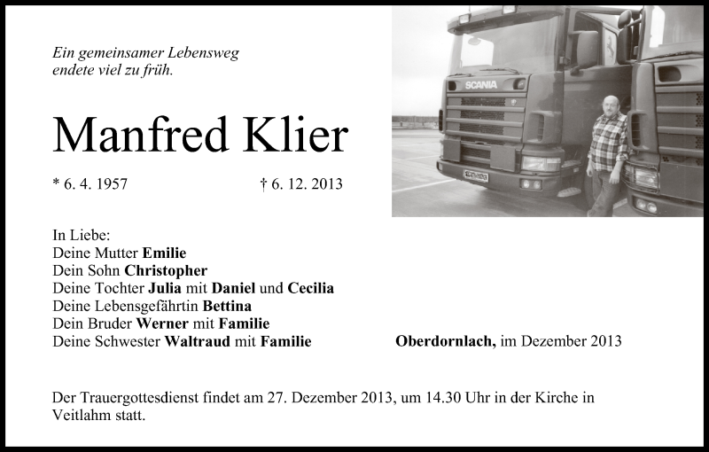  Traueranzeige für Manfred Klier vom 23.12.2013 aus MGO