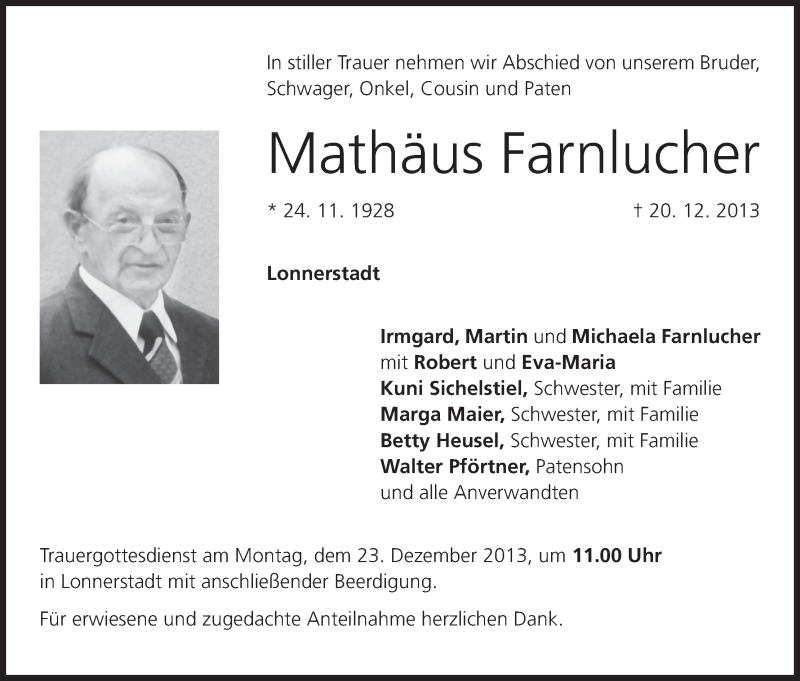  Traueranzeige für Mathäus Farnlucher vom 21.12.2013 aus MGO