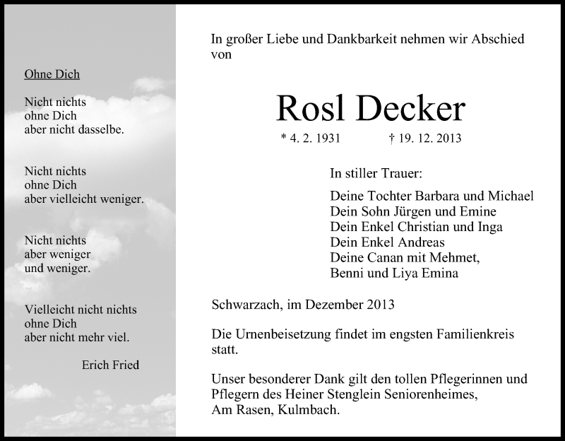 Traueranzeige für Rosl Decker vom 21.12.2013 aus MGO