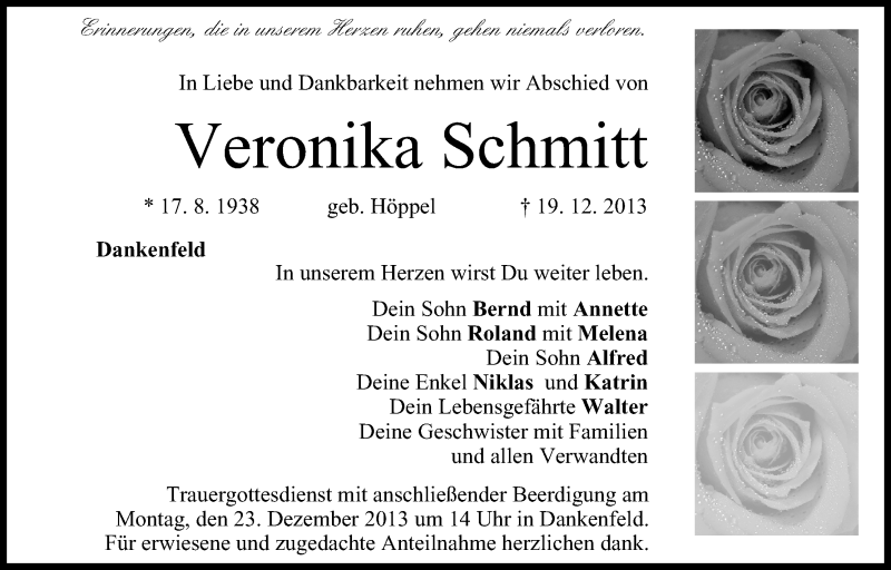  Traueranzeige für Veronika Schmitt vom 21.12.2013 aus MGO