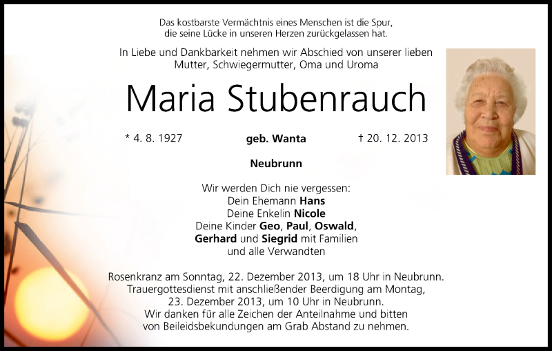 Traueranzeige für Maria Stubenrauch vom 21.12.2013 aus MGO