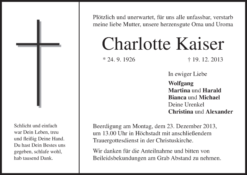  Traueranzeige für Charlotte Kaiser vom 21.12.2013 aus MGO