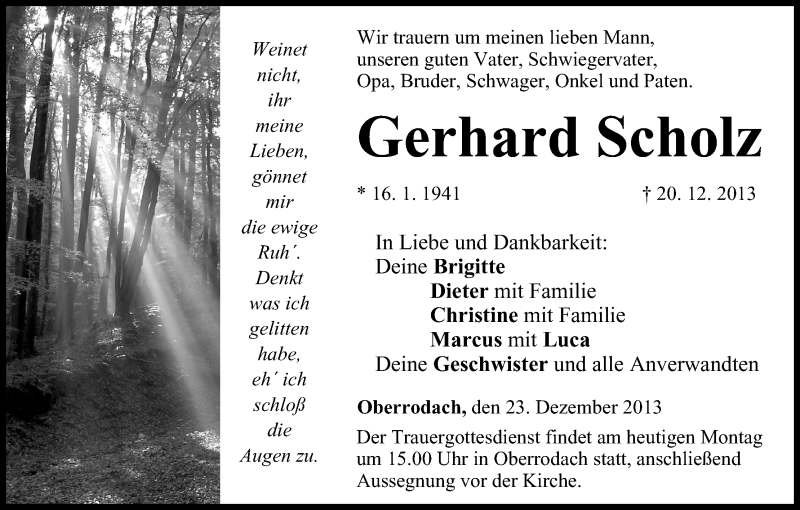  Traueranzeige für Gerhard Scholz vom 23.12.2013 aus MGO