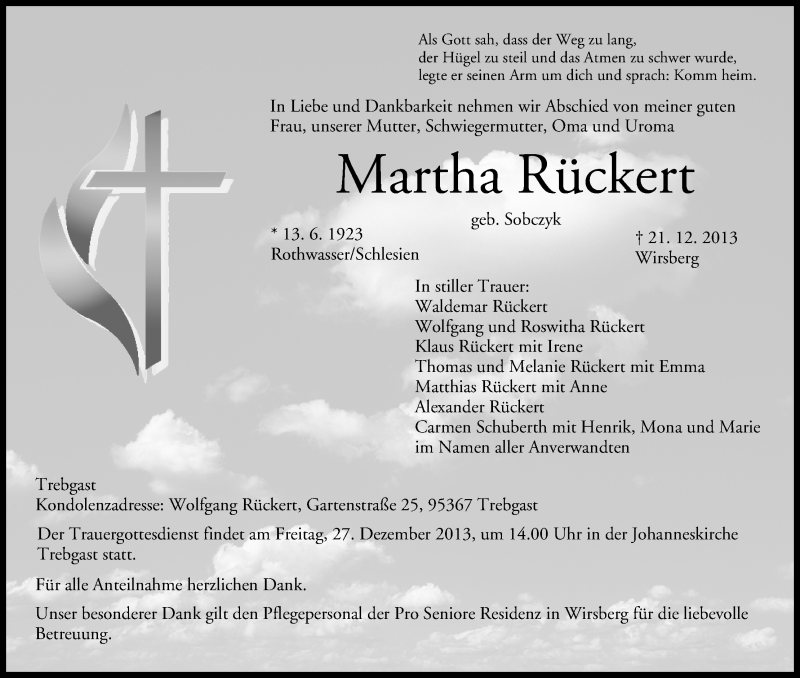 Traueranzeige für Martha Rückert vom 24.12.2013 aus MGO